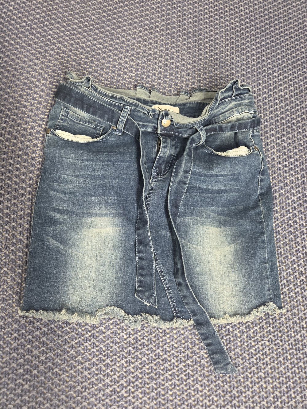 Frayed Mini Washed Blue Denim Skirt with Tie Waist #0272